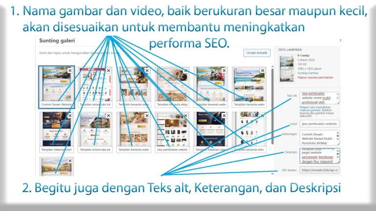 Optimalisasi kolom teks alt, judul, dan deskripsi pada media library untuk meningkatkan skor SEO on-page website.